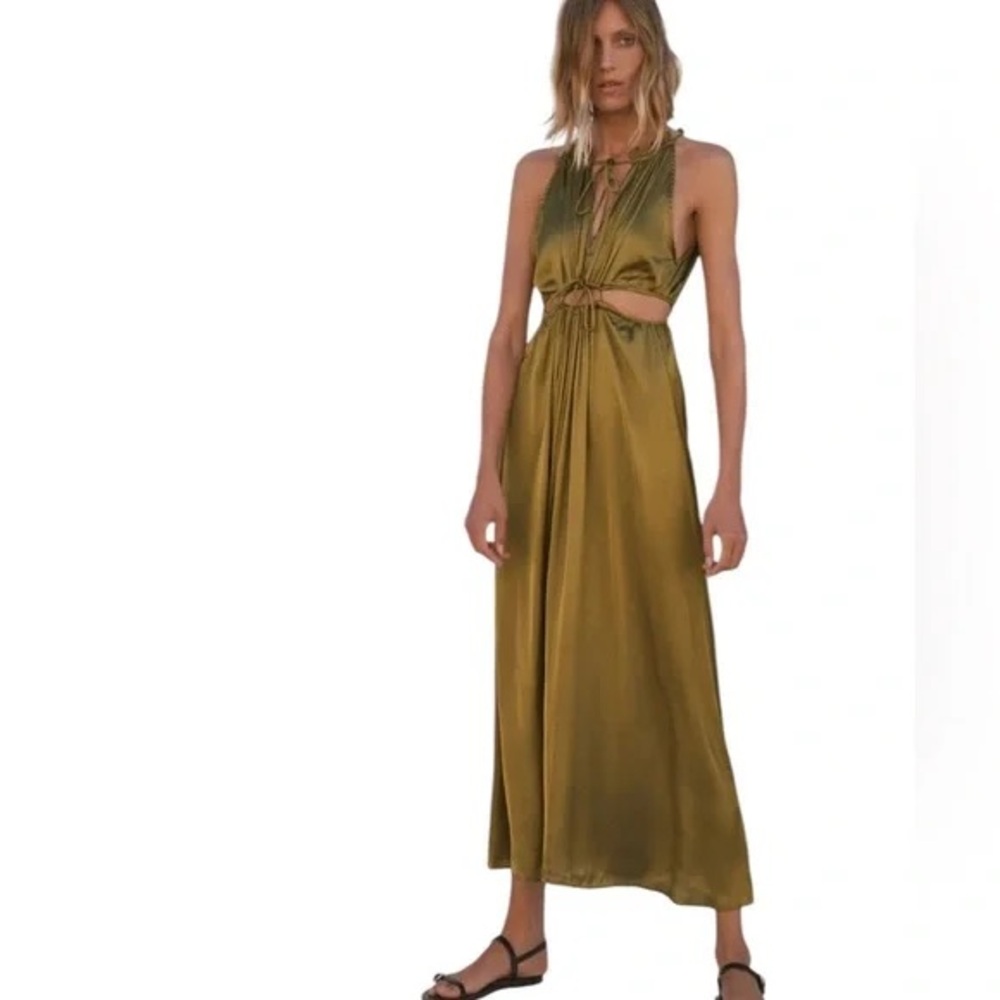 ZARA Satin Cut Out Maxi Dress Bronze Olive Green Size XS